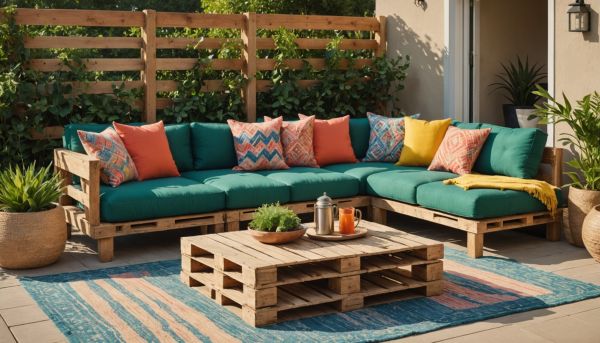 Mobilier en palette et coussins colorés pour terrasse
