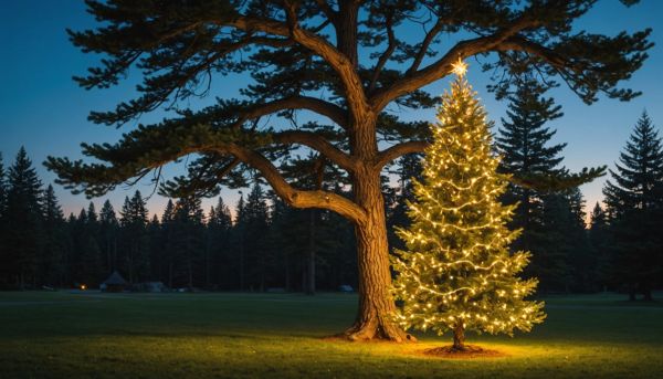 Sapin illuminé sur la pelouse et guirlandes sur les branches